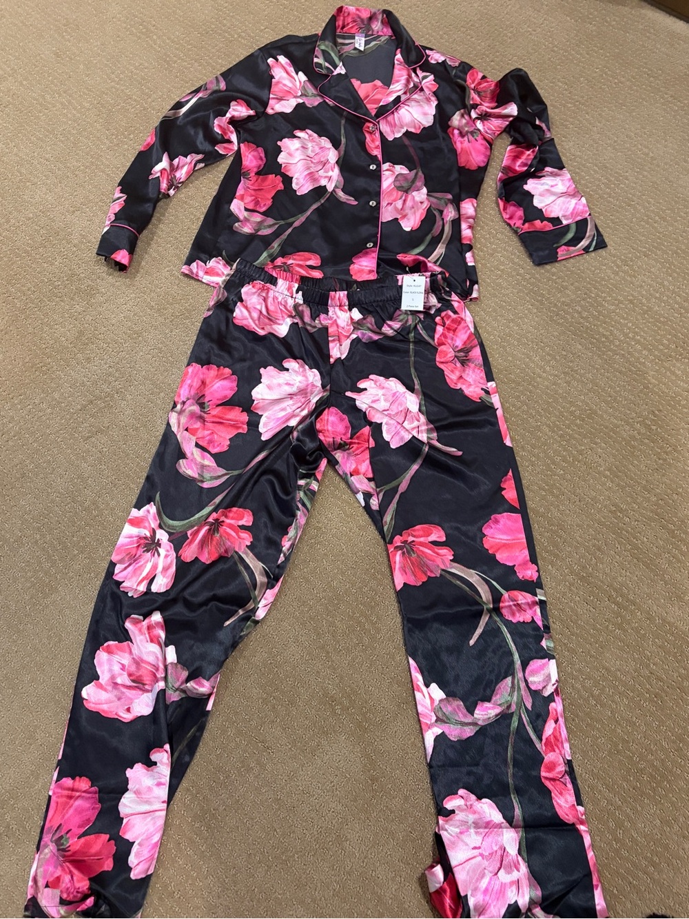 Silk  Floral Black and Pink Two-Piece Pajama Set
